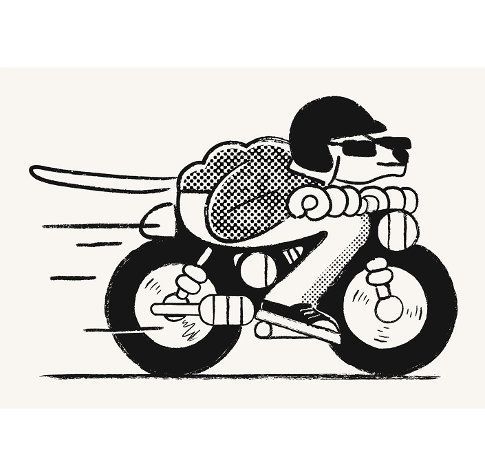 Illustration of a dog wearing a helmet and sunglasses riding a motorcycle at high speed.
