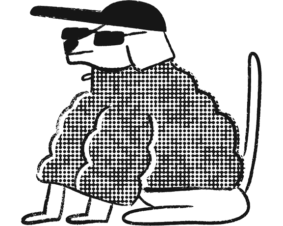 Illustration of a cool dog in a puffer hat with a cap and sunglasses