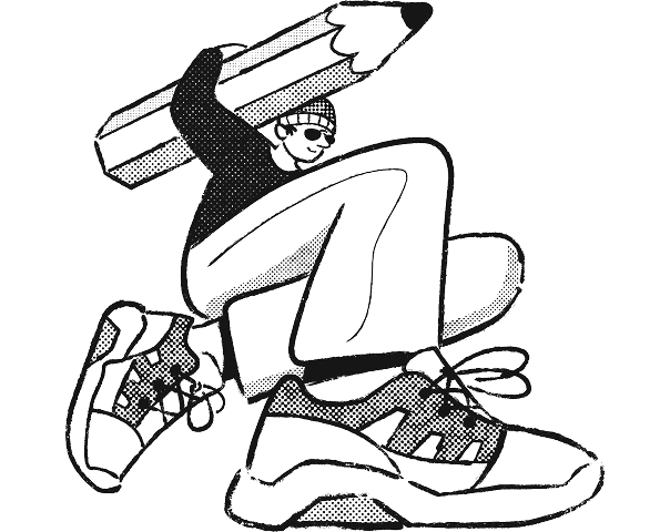 Illustration of a man holding a large pencil in a dynamic pose