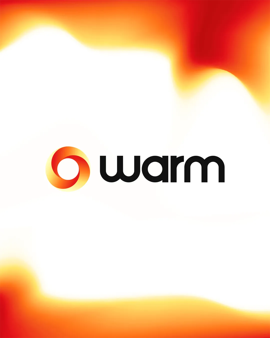 Logo with the word 'warm' in black lowercase letters beside a circular gradient icon in red, orange, and yellow on a white background with orange-red gradients at the edges.