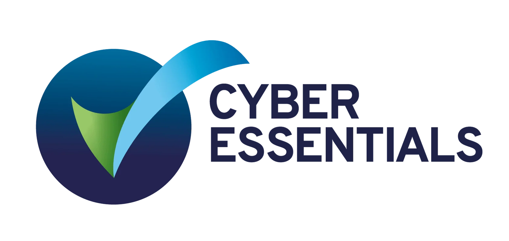 Cyber Essentials logo featuring a circular blue and green shield with a large blue checkmark overlapping it, accompanied by the text 'CYBER ESSENTIALS'.