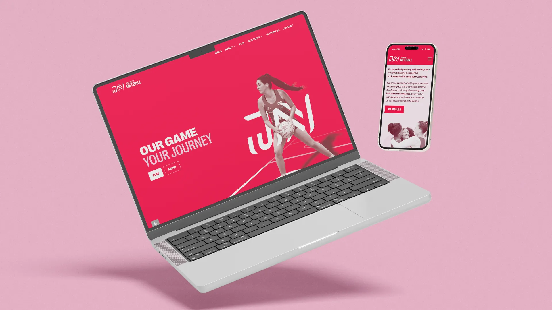 A laptop and a smartphone displaying a vibrant red website for Jersey Netball; the laptop screen shows a female netball player in action with the text 'OUR GAME YOUR JOURNEY' and navigation links, while the smartphone screen shows a message about creating a supportive netball environment with a button labeled 'GET IN TOUCH' and an image of three women hugging.