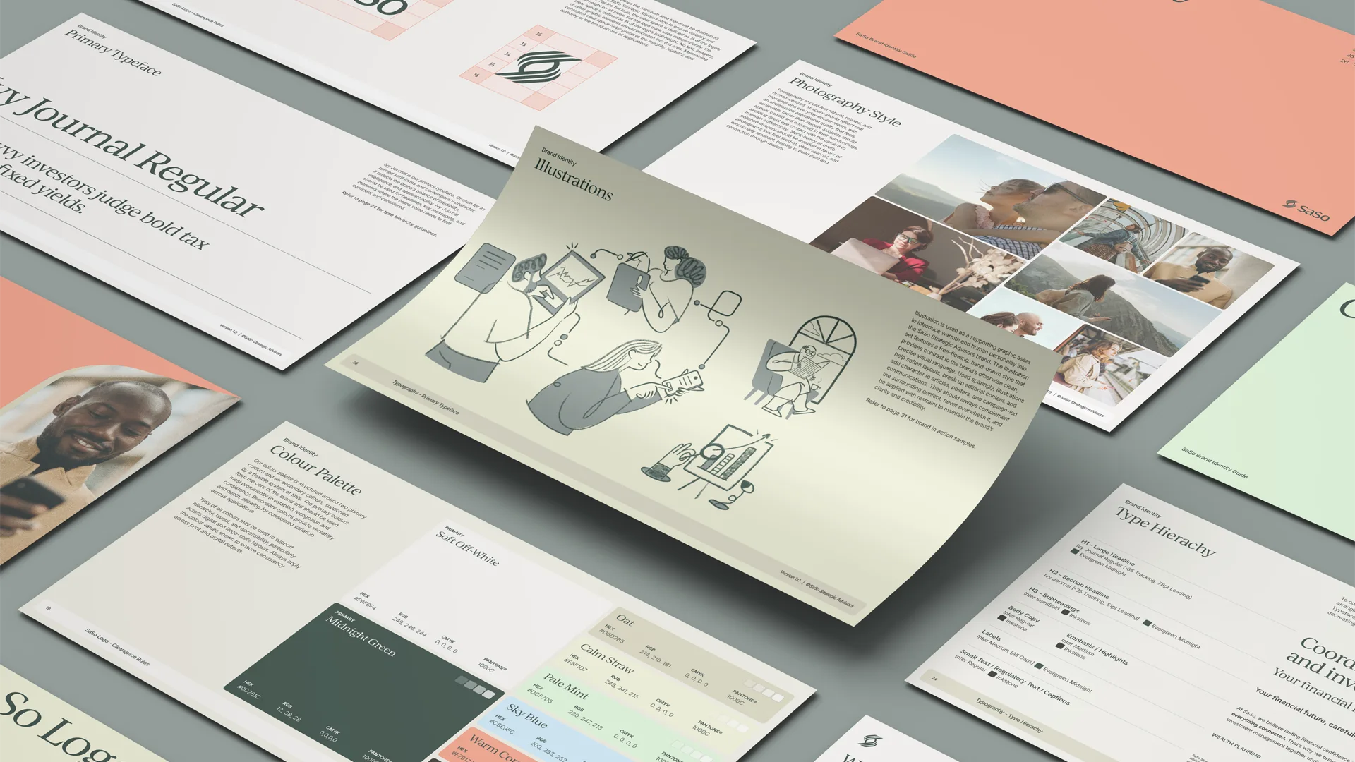 Multiple angled pages of a brand identity guide spread out on a gray surface, featuring sections on primary typeface, illustrations with line drawings of people, photography style showing diverse individuals, color palette with color swatches and codes, and type hierarchy with text formatting examples.