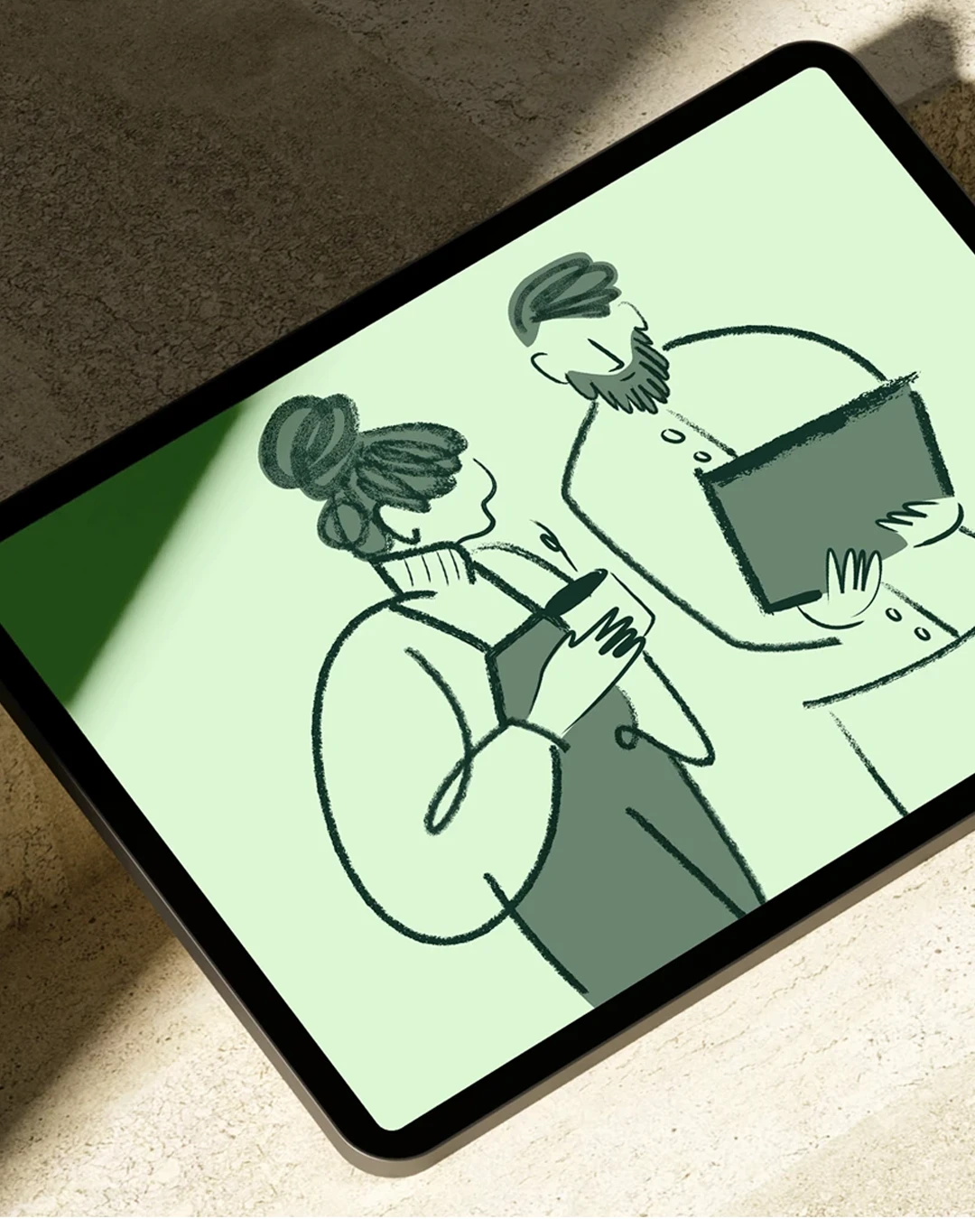 Stylized digital illustration on a tablet screen showing two people; a woman with a bun hairstyle holding a cup and a man with a beard holding a laptop, both drawn with simple lines and shades of green.