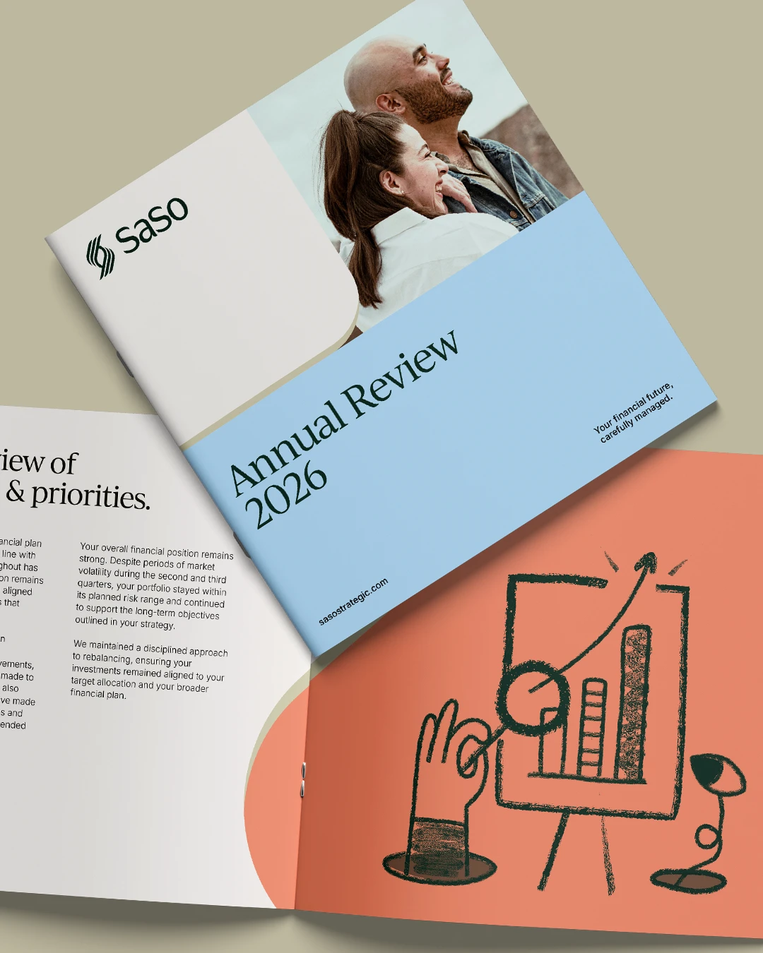 A financial brochure titled 'Annual Review 2026' with a photo of a smiling couple on the cover, alongside text reading 'Your financial future, carefully managed.' The open page shows text about financial priorities and an illustration of a hand pointing at a rising bar chart on a presentation board.