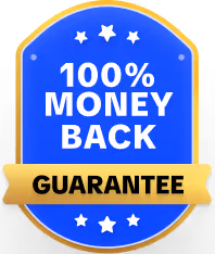 Blue and gold badge with text '100% Money Back Guarantee' and stars.