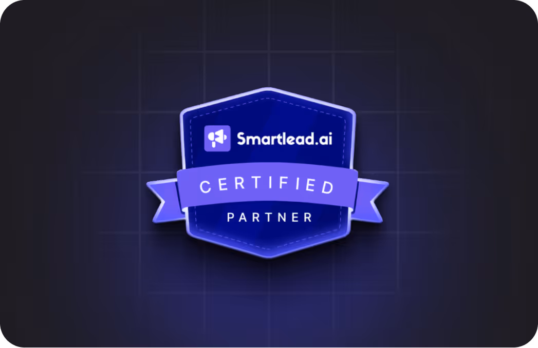 Smartlead.ai certified partner badge with a dark blue shield and a purple ribbon.