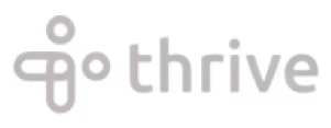 Thrive brand logo with abstract human figure and the word 'thrive'.