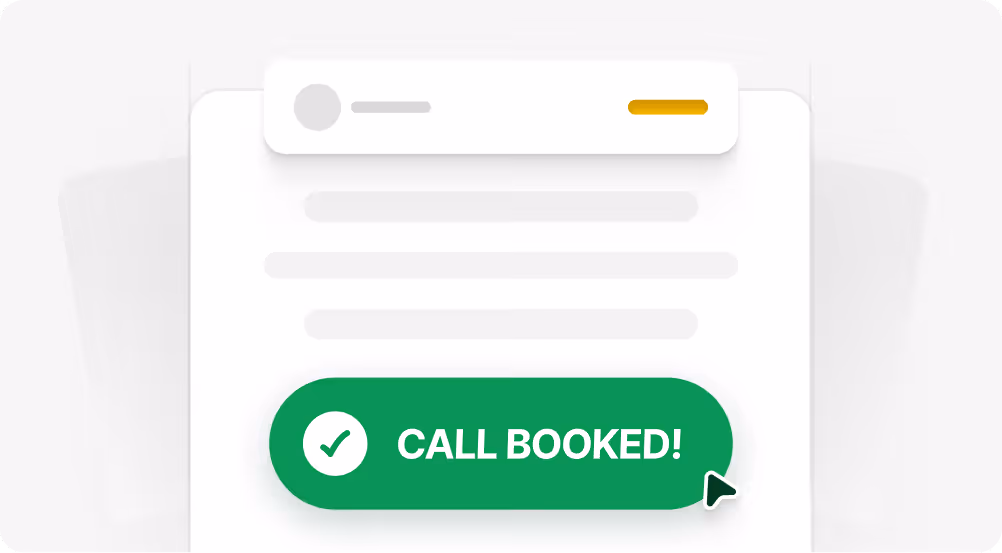 Green confirmation button with a checkmark and text reading 'CALL BOOKED!' on a document background with blurred text.