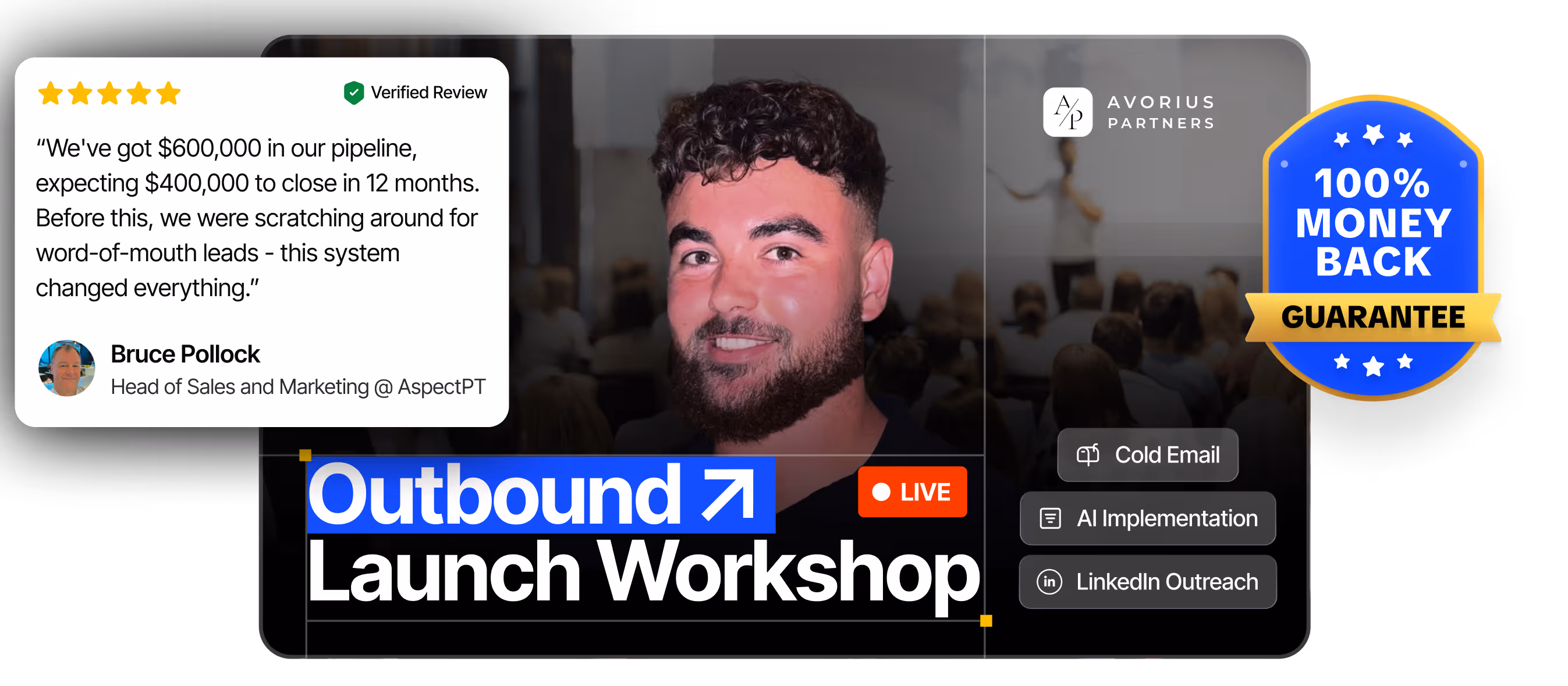 Testimonial with five-star rating from Bruce Pollock about $600,000 pipeline; promotion for Outbound Launch Workshop featuring cold email, AI implementation, LinkedIn outreach, and Avorius Partners logo with 100% money back guarantee badge.
