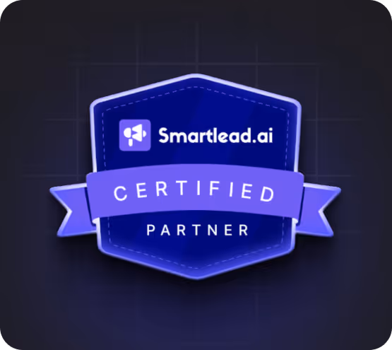 Smartlead.ai Certified Partner badge with a purple ribbon on a dark background.
