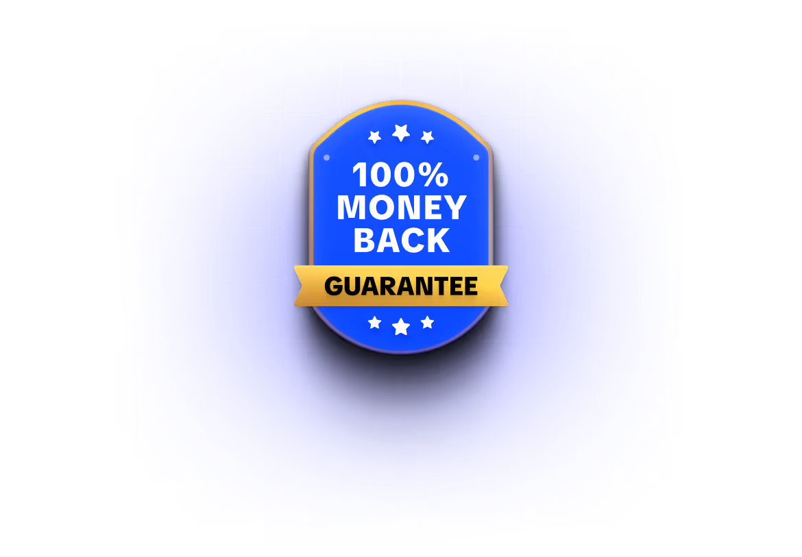 Blue badge with white stars and text reading 100% money back guarantee on a blue grid background.