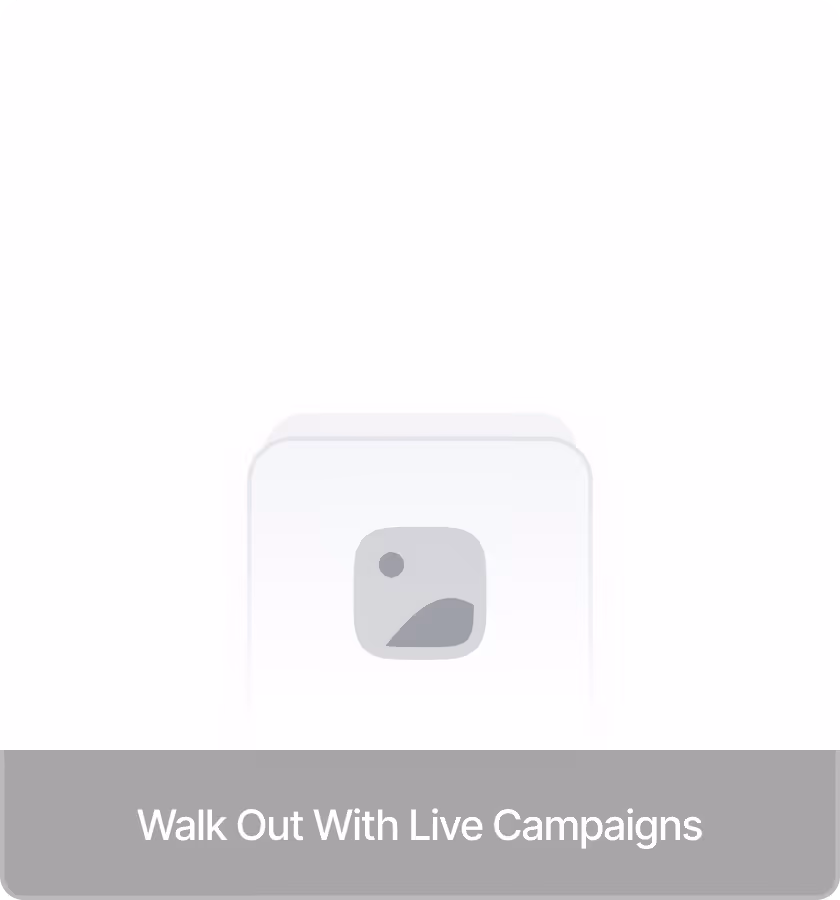 White square icon with a small shape inside and text below reading 'Walk Out With Live Campaigns' on a gray background.