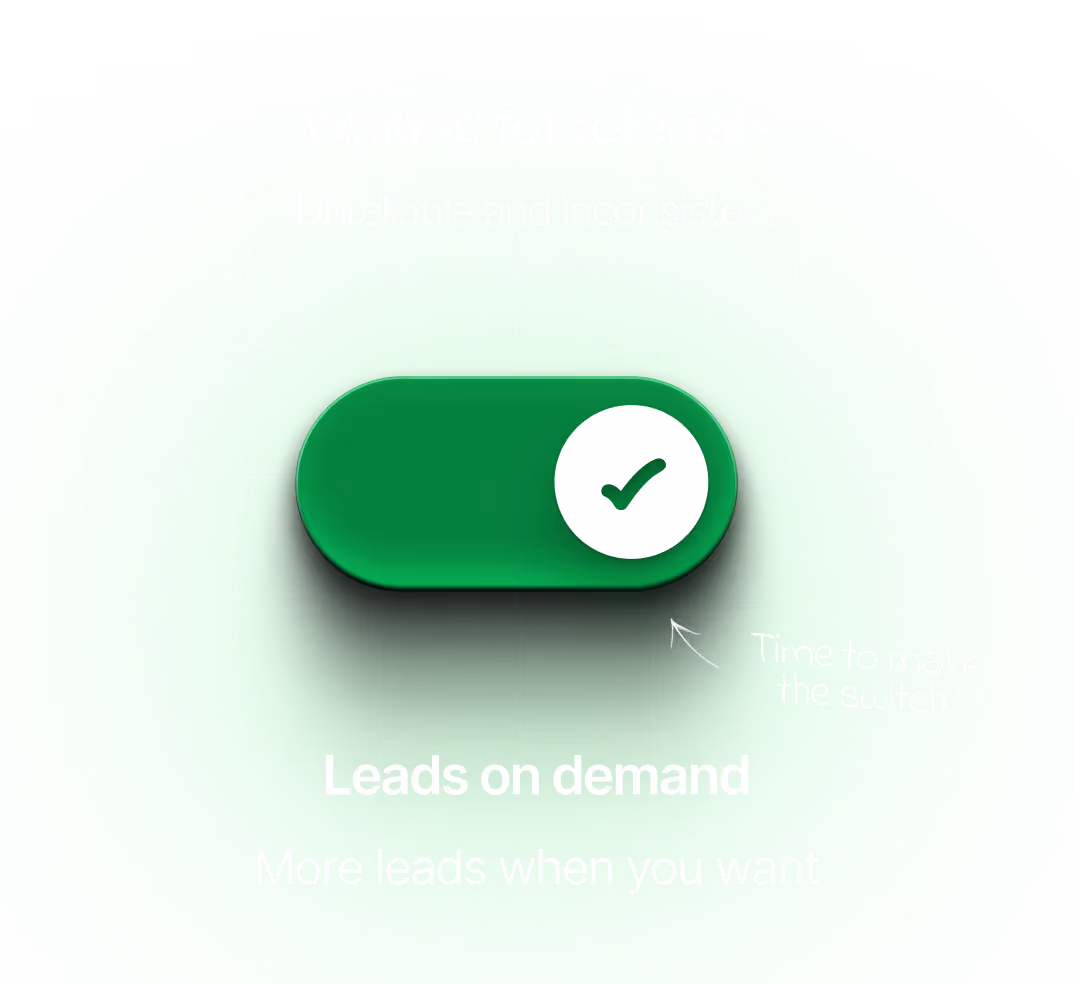 Green toggle switch with a check mark and text contrasting waiting for referrals as unreliable with leads on demand for more leads when you want.