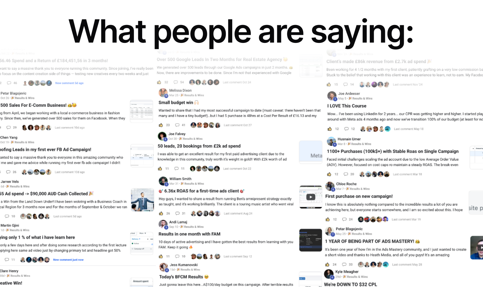 Collage of customer reviews and testimonials highlighting successful ad campaigns, sales, leads, and revenue growth.