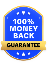 Blue and gold badge with text '100% Money Back Guarantee' and five white stars.