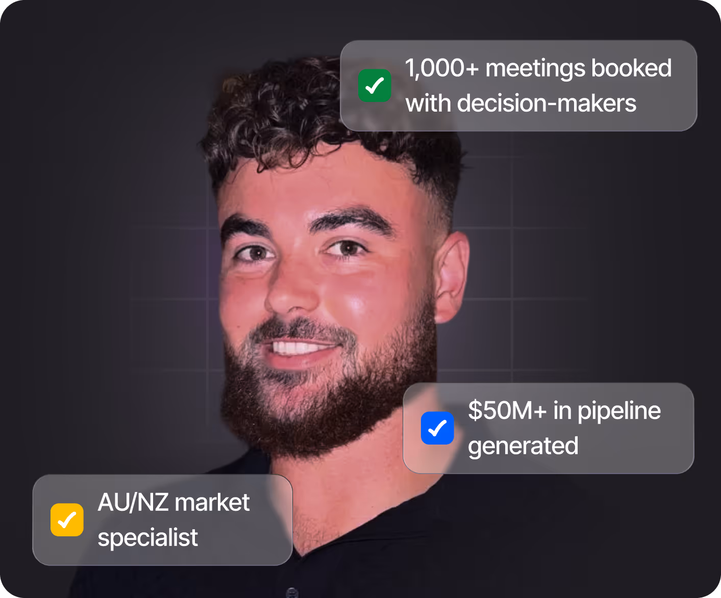 Portrait of a man with a beard and curly hair smiling, with text highlights stating 1,000+ meetings booked with decision-makers, $50M+ in pipeline generated, and AU/NZ market specialist.