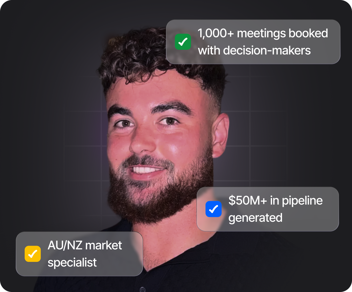 Portrait of a man with a beard and curly hair smiling, with text highlights stating 1,000+ meetings booked with decision-makers, $50M+ in pipeline generated, and AU/NZ market specialist.