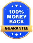 Blue badge with white stars and text reading 100% money back guarantee on a gold ribbon.
