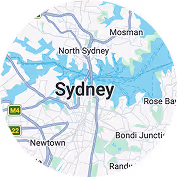 Map showing central Sydney and surrounding suburbs including North Sydney, Mosman, Newtown, Bondi Junction, and Rose Bay.