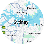 Map showing central Sydney and surrounding suburbs including North Sydney, Mosman, Newtown, Bondi Junction, and Rose Bay.
