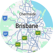 Map centered on Brisbane, Australia, showing surrounding areas and major highways M1, M5, M7, 31, and 37.
