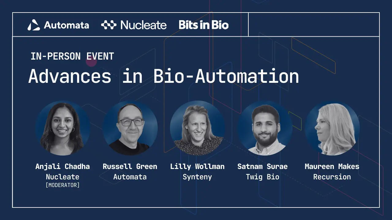 A dark blue rectangled featuring headshots of four people in black and white