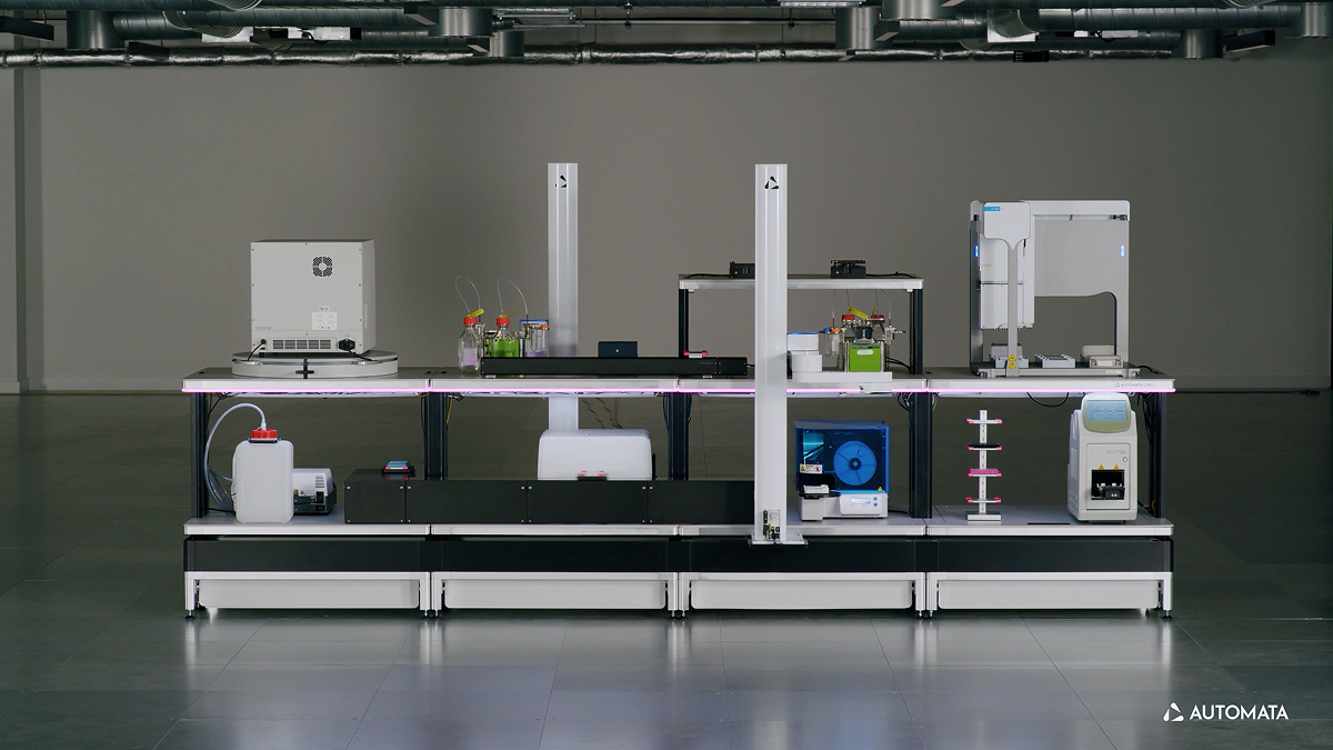 Automata’s LINQ platform with multiple scientific instruments arranged across a modular automated bench.
