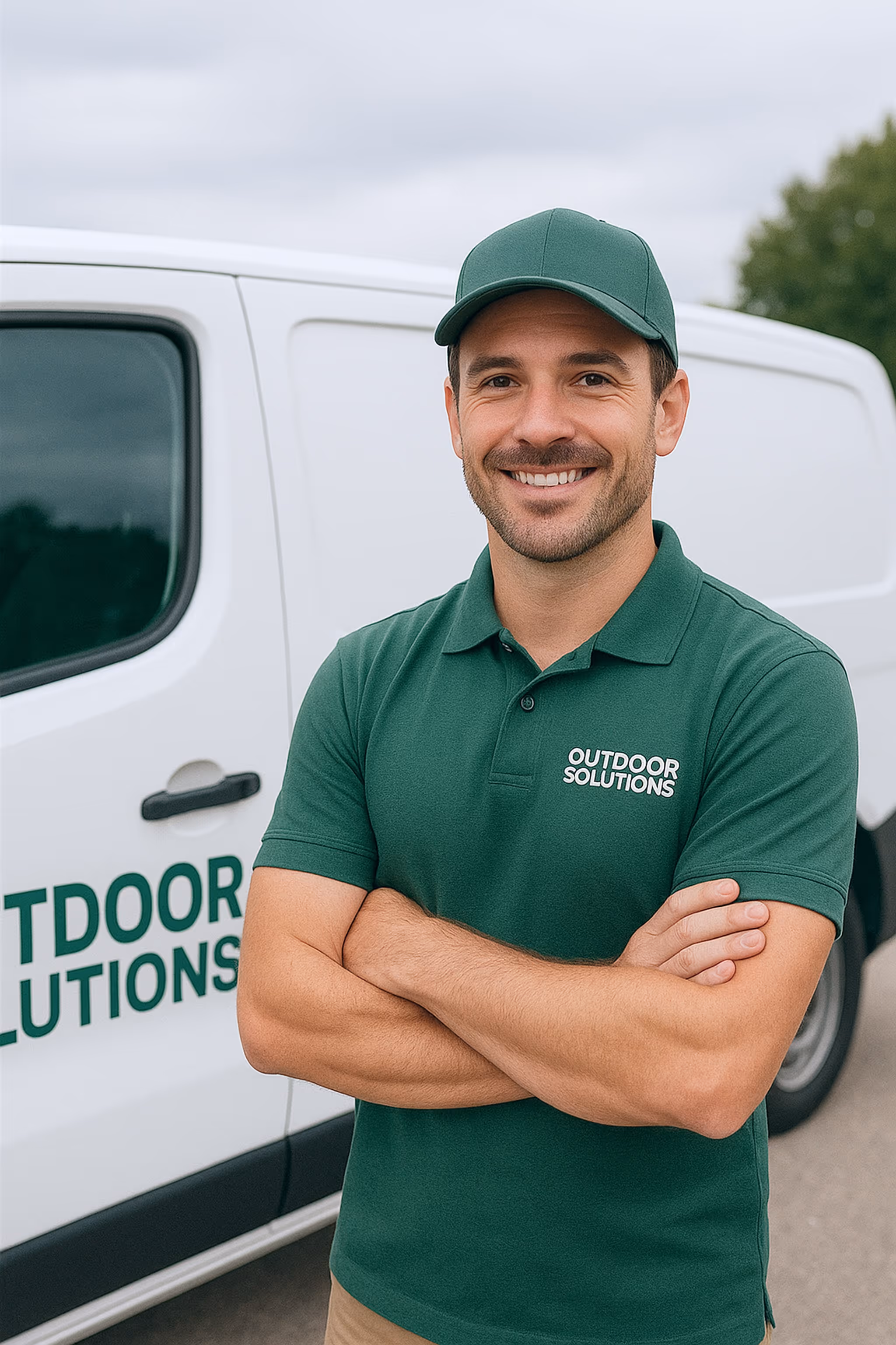 Smiling man in a green cap and green polo shirt with Outdoor Solutions logo, standing with arms crossed in front of a white van.