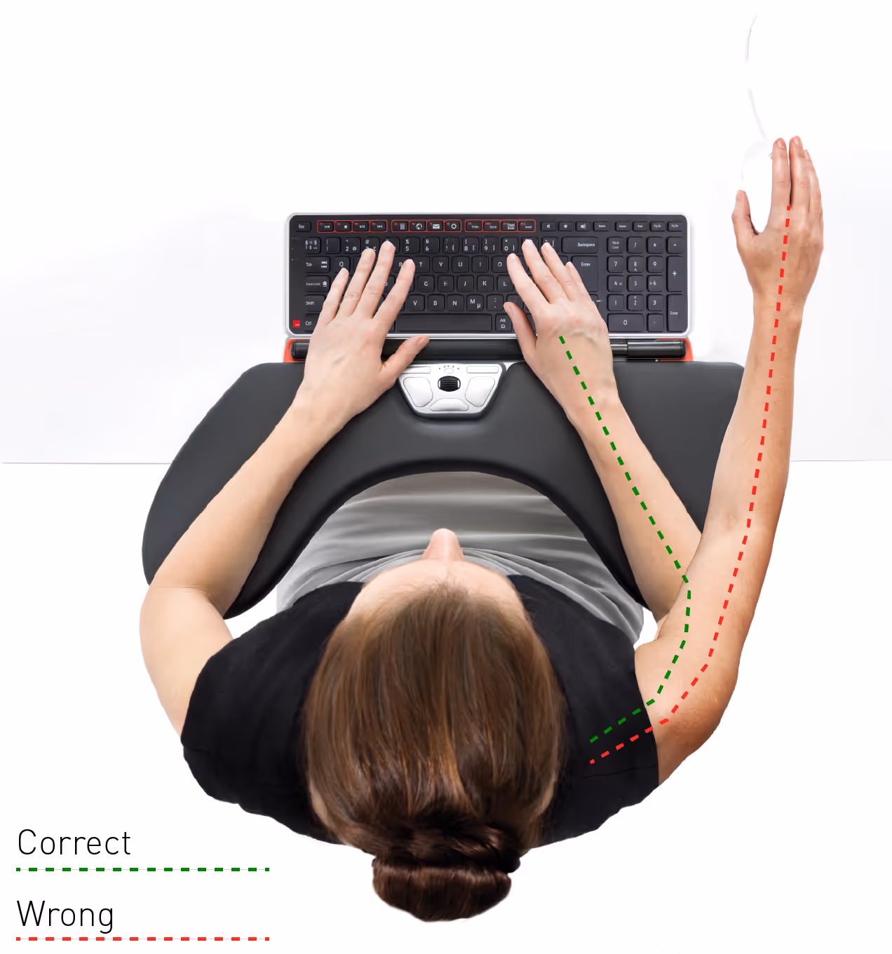 Top-down view of a woman typing on a keyboard with an ergonomic arm support, showing a green dashed line for correct arm posture and a red dashed line for incorrect overextended arm posture.