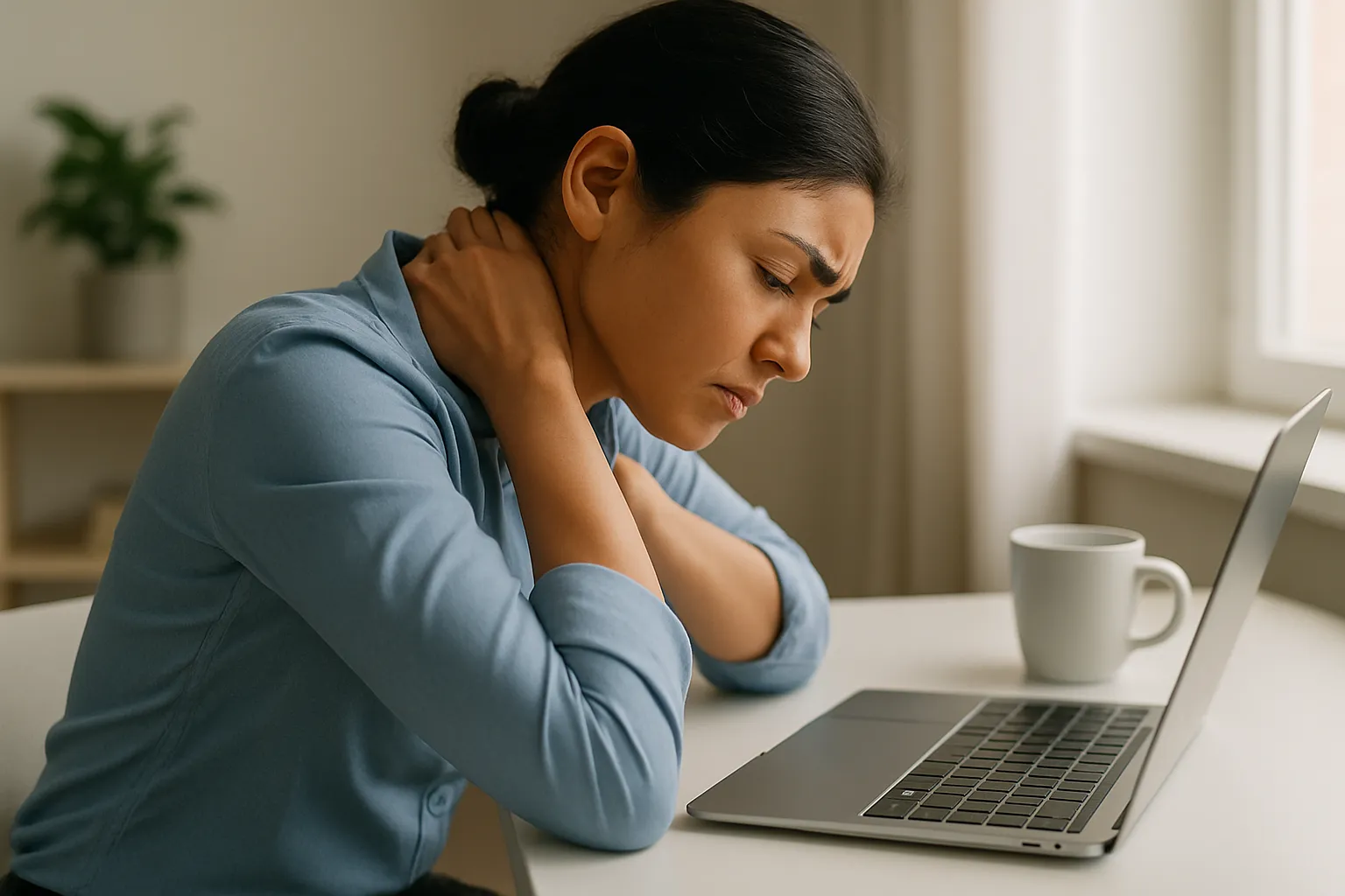 Woman hunched over a laptop at a desk, rubbing her strained neck.
