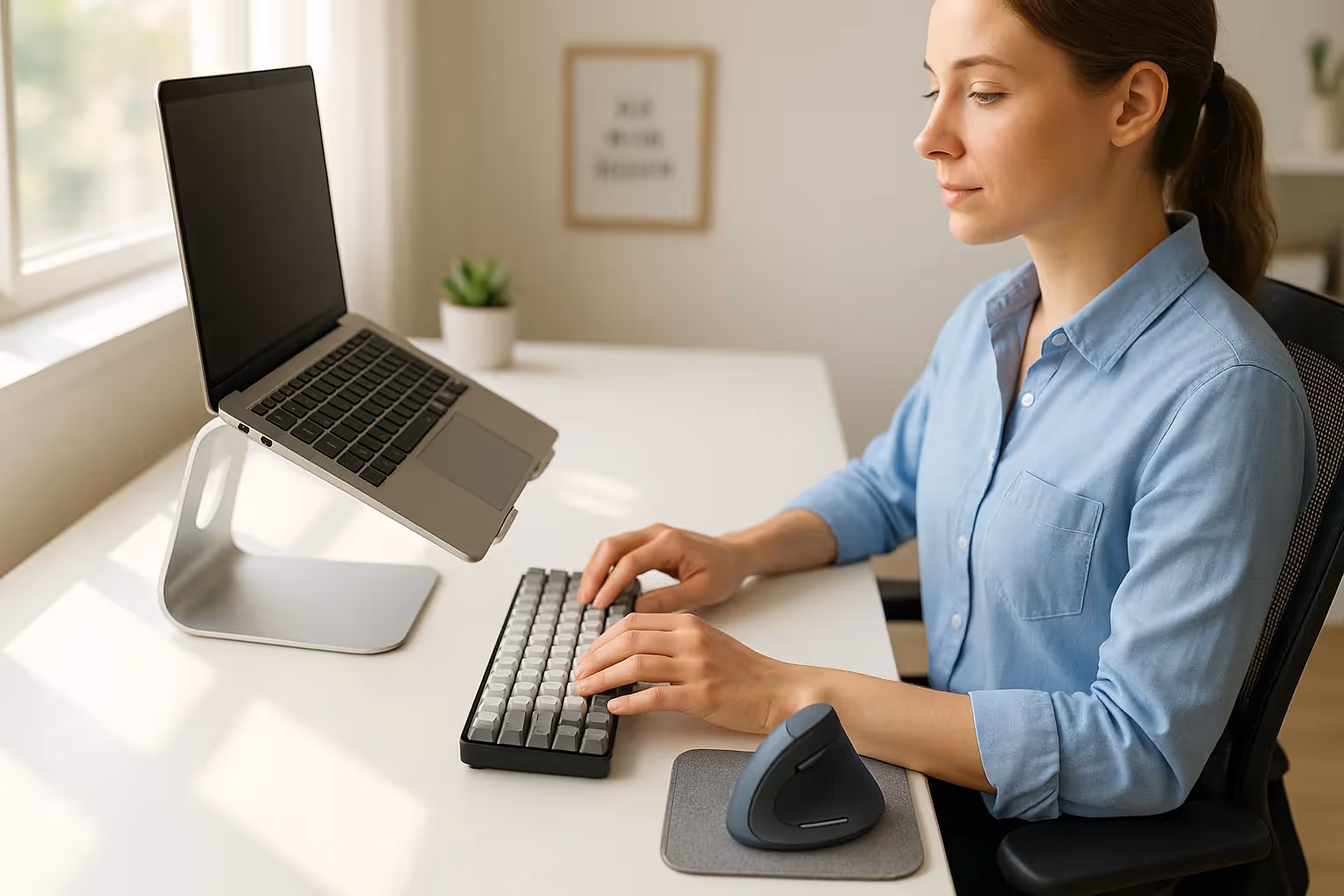 Woman typing at ergonomic desk setup with laptop riser, external keyboard, and vertical mouse.