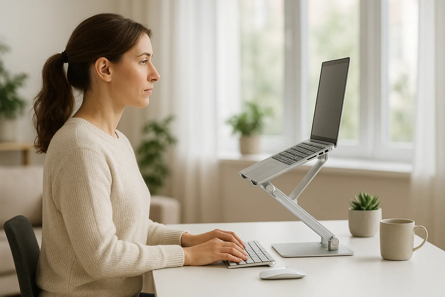Woman with good posture using an ergonomic laptop riser at her home office desk.