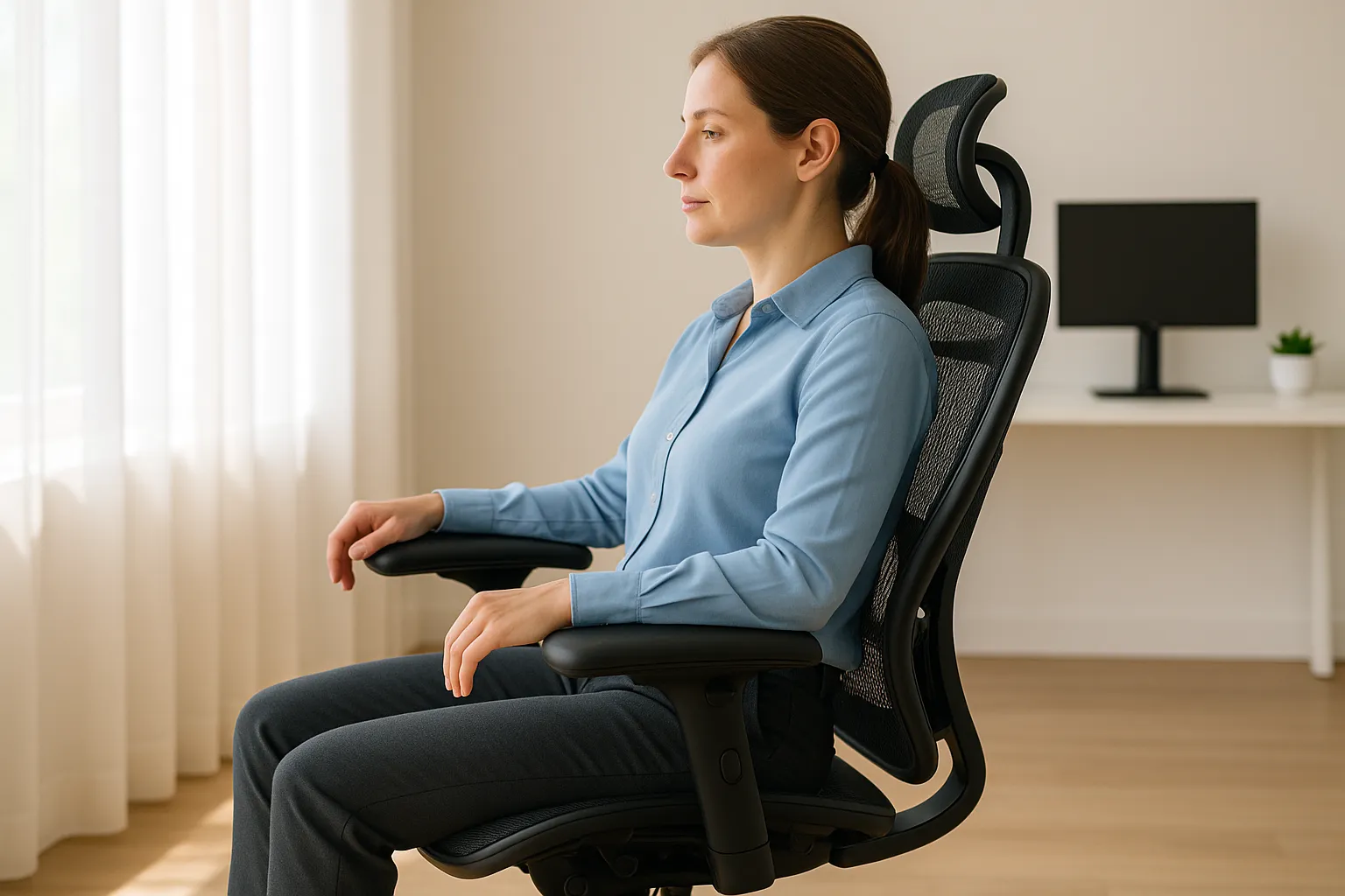 Woman sitting with proper posture in an ergonomic office chair at home.