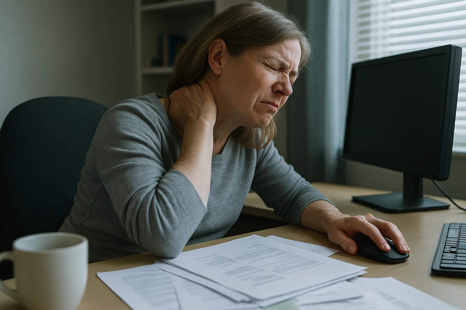 Woman at desk grimacing and rubbing her neck due to poor workstation posture.