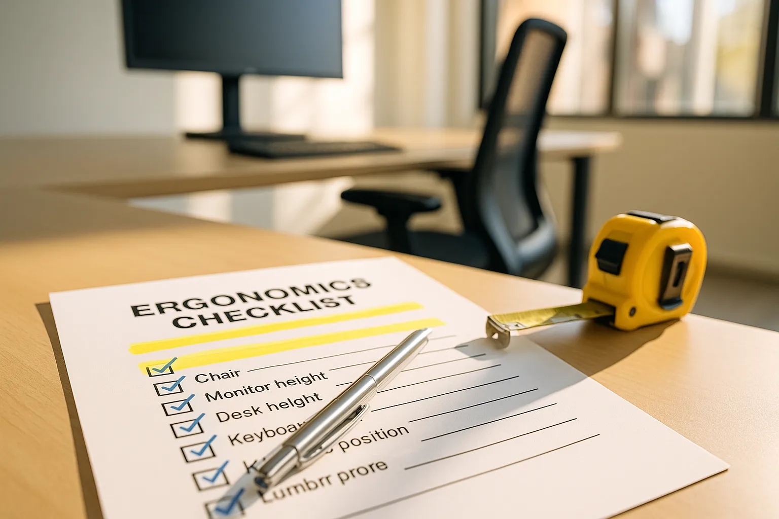 A printed ergonomics checklist with checkmarks and a measuring tape on an office desk.