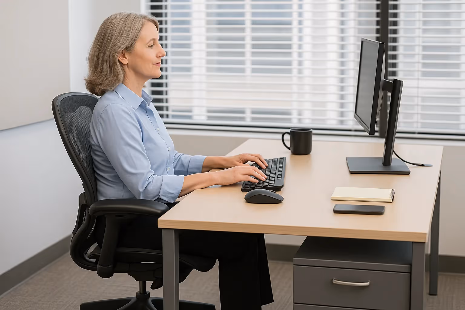Woman demonstrating proper ergonomic posture at an organized office desk.
