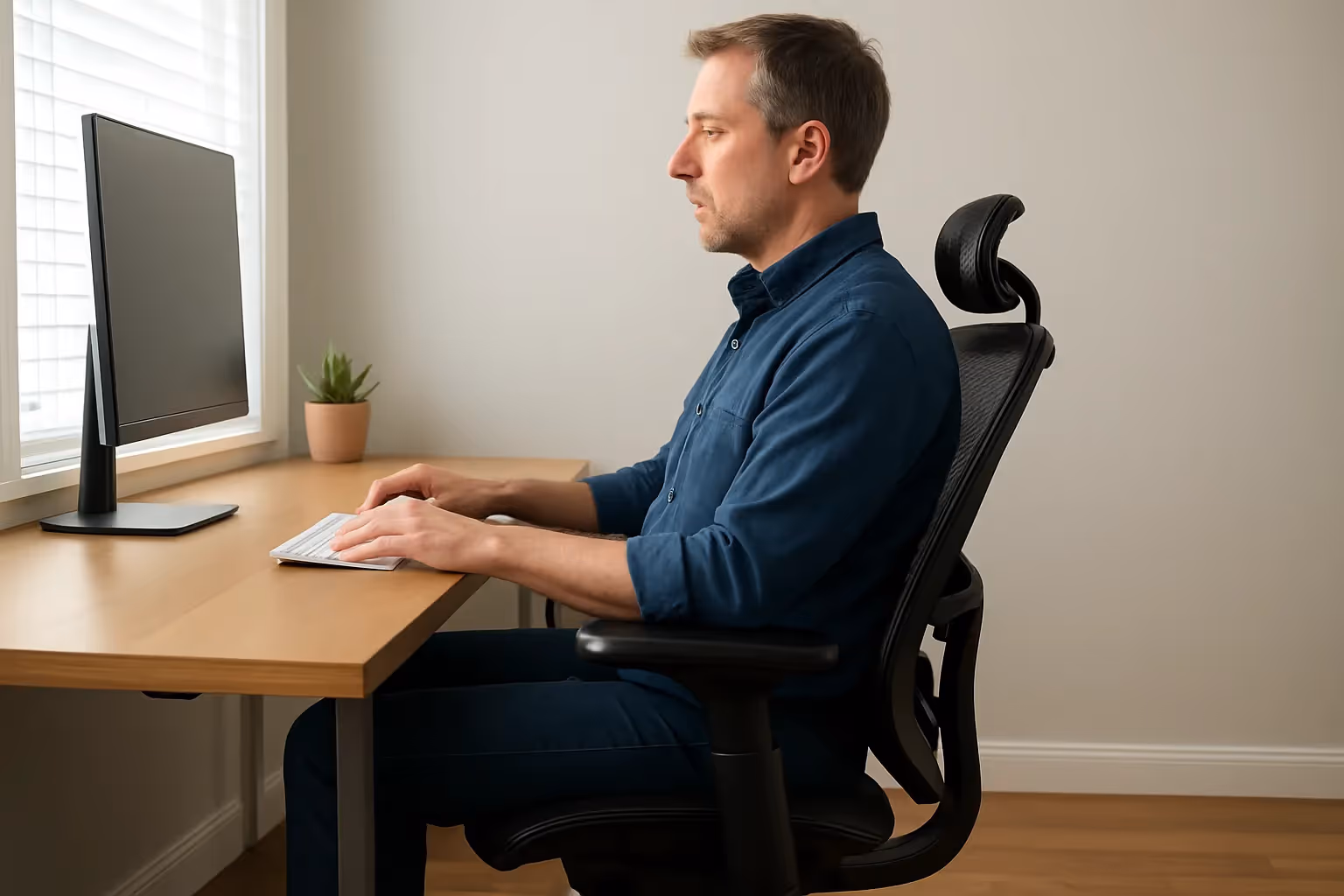 Man sitting in ergonomic office chair with proper 90-degree posture alignment.