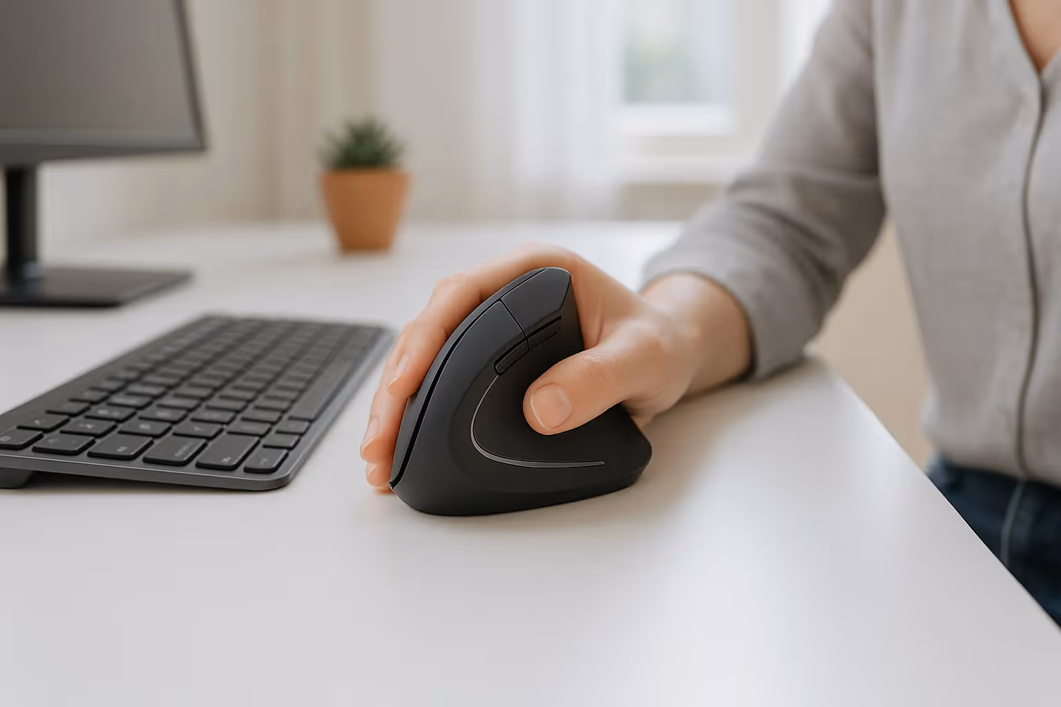 Hand gripping an ergonomic vertical mouse on a bright modern desk.