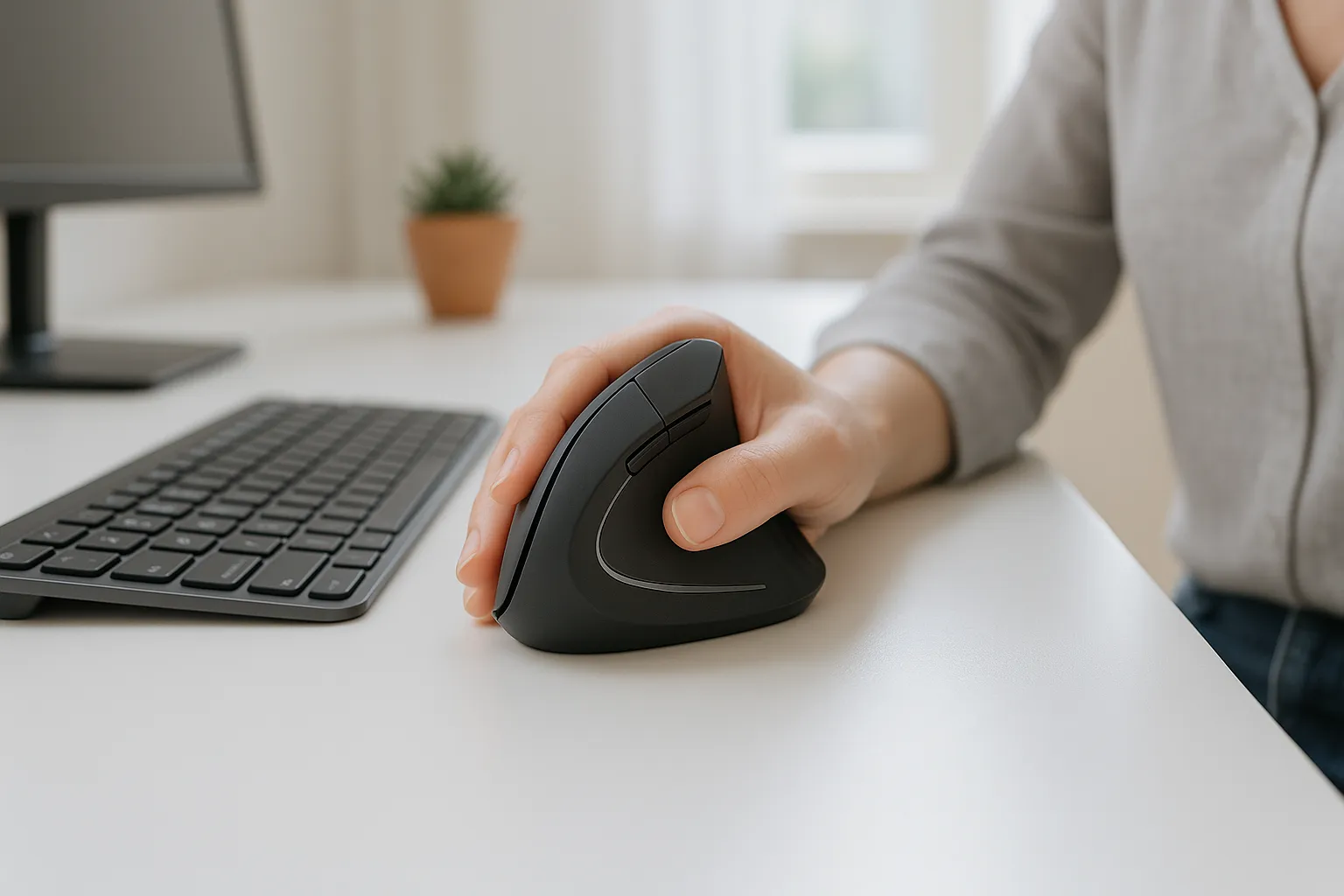 Hand gripping an ergonomic vertical mouse on a bright modern desk.