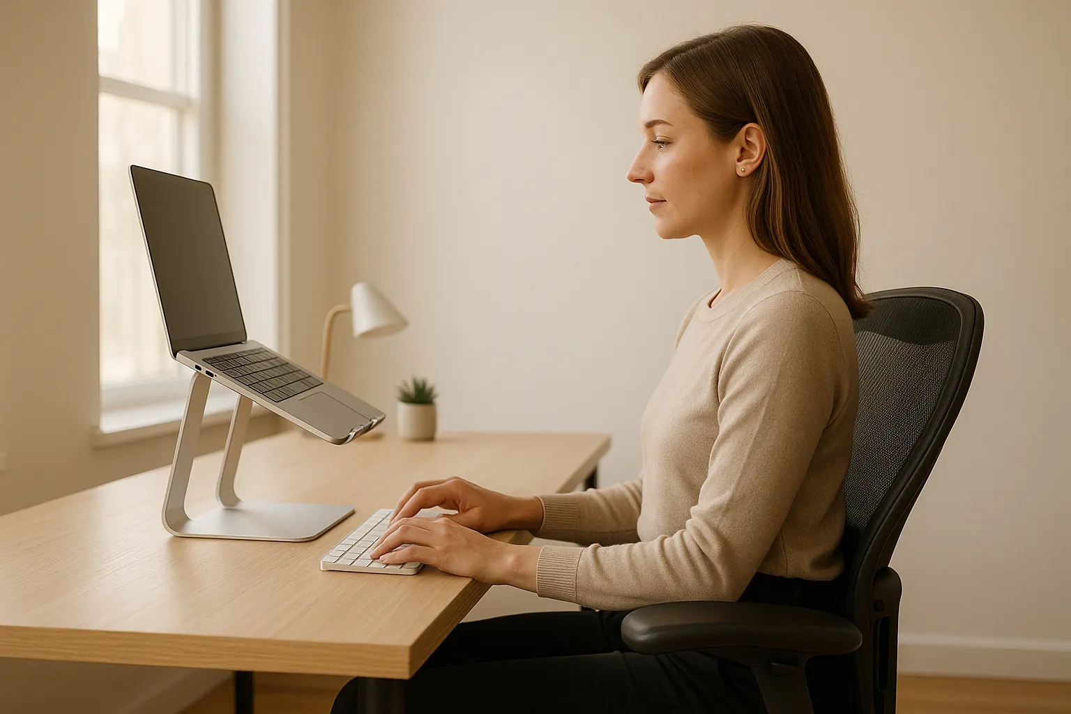 Woman demonstrating proper ergonomic posture using an elevated laptop stand at desk.