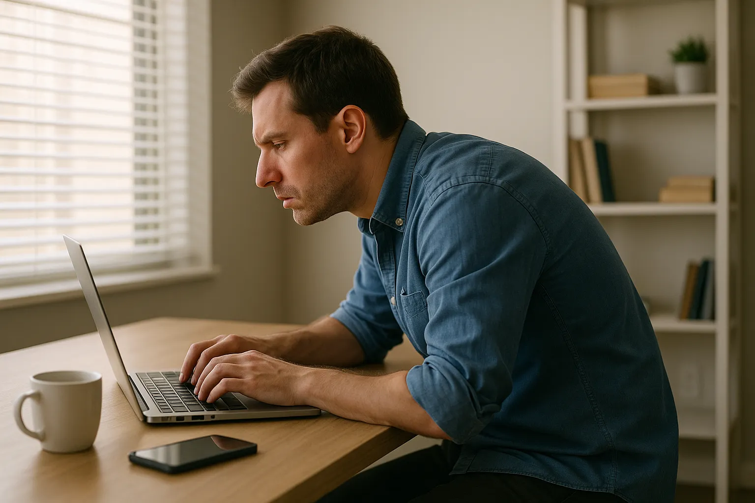Man hunching over laptop at desk with poor posture and forward neck strain.