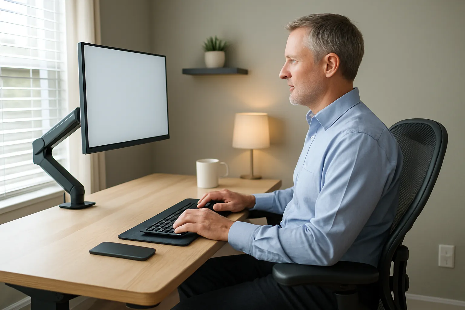 Man seated at ergonomic desk with monitor at eye level in home office.