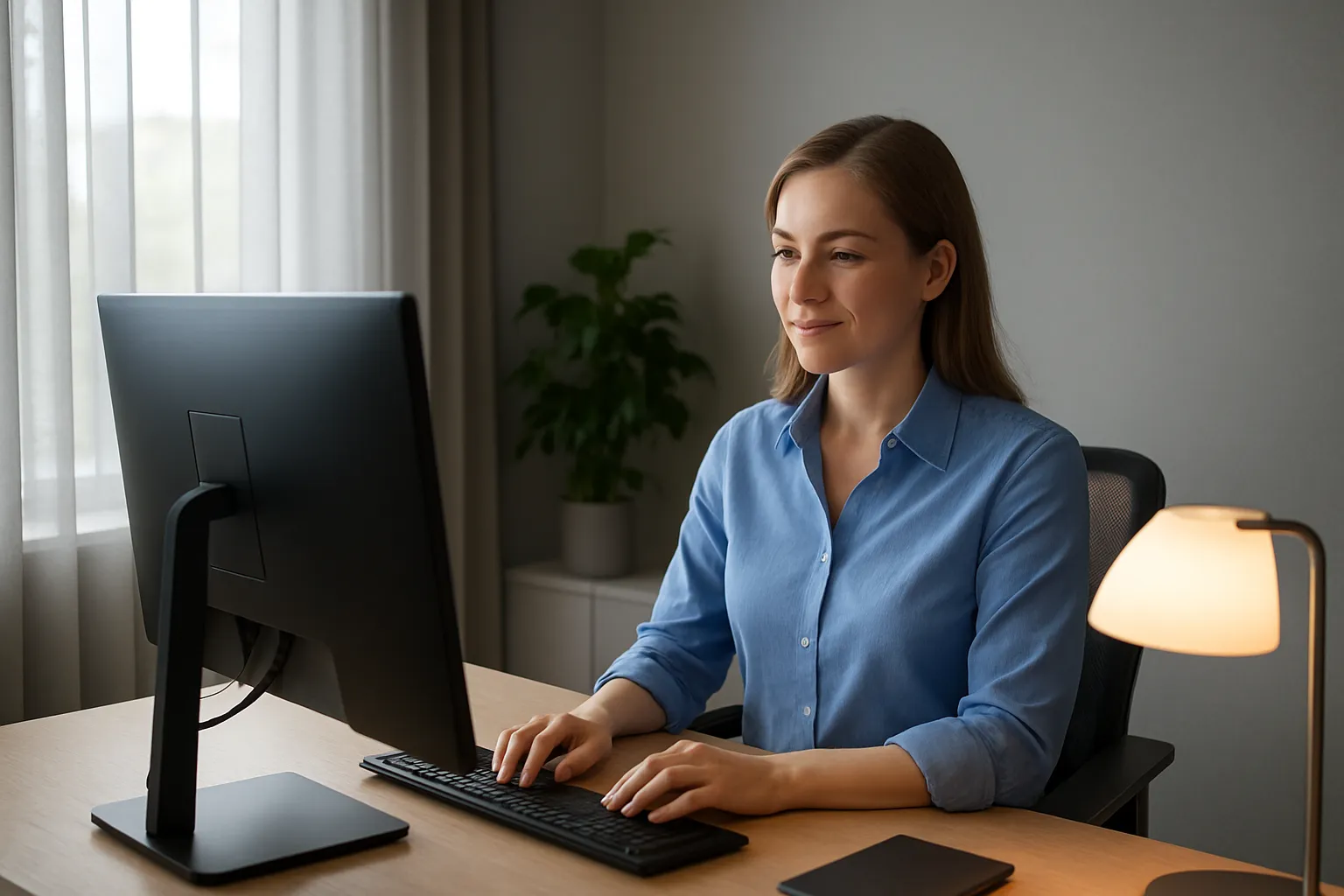 Woman working at a well-lit desk with monitor positioned to avoid window glare.