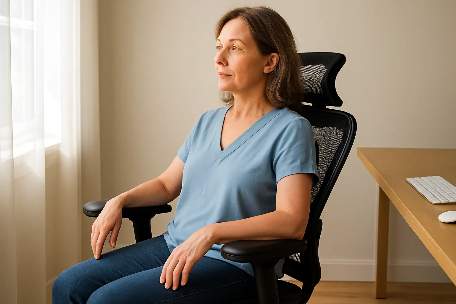 Woman sitting in ergonomic office chair with proper posture and relaxed shoulders.