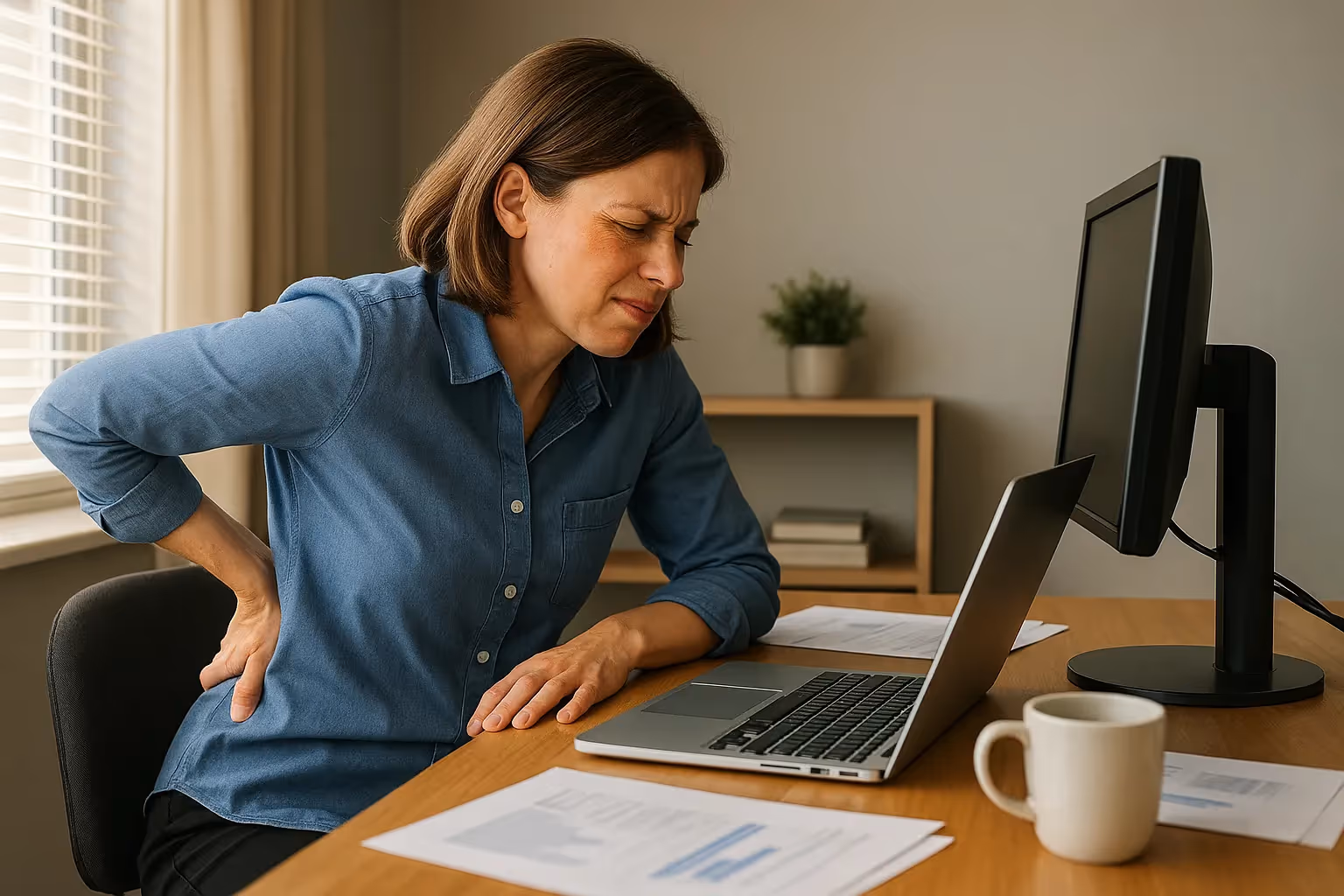 Office worker hunched over desk showing poor posture and back discomfort.