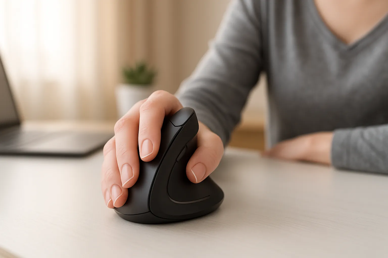 Hand gripping a vertical ergonomic mouse on a home office desk.