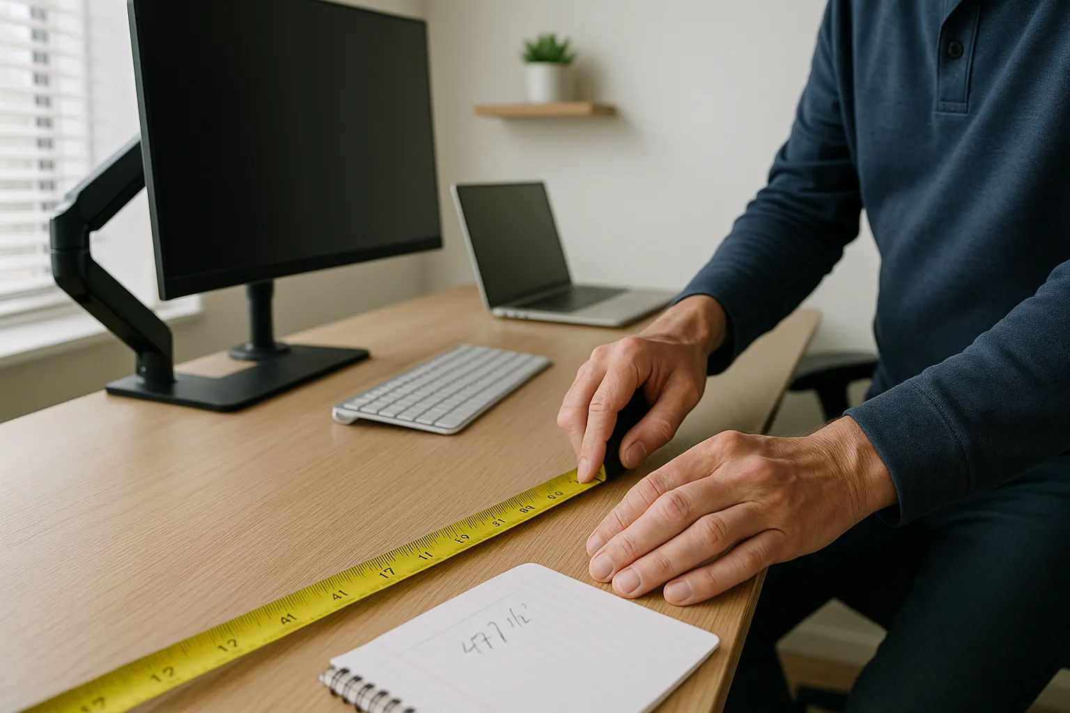Hands measuring a home office desk with a tape measure beside a monitor and laptop.