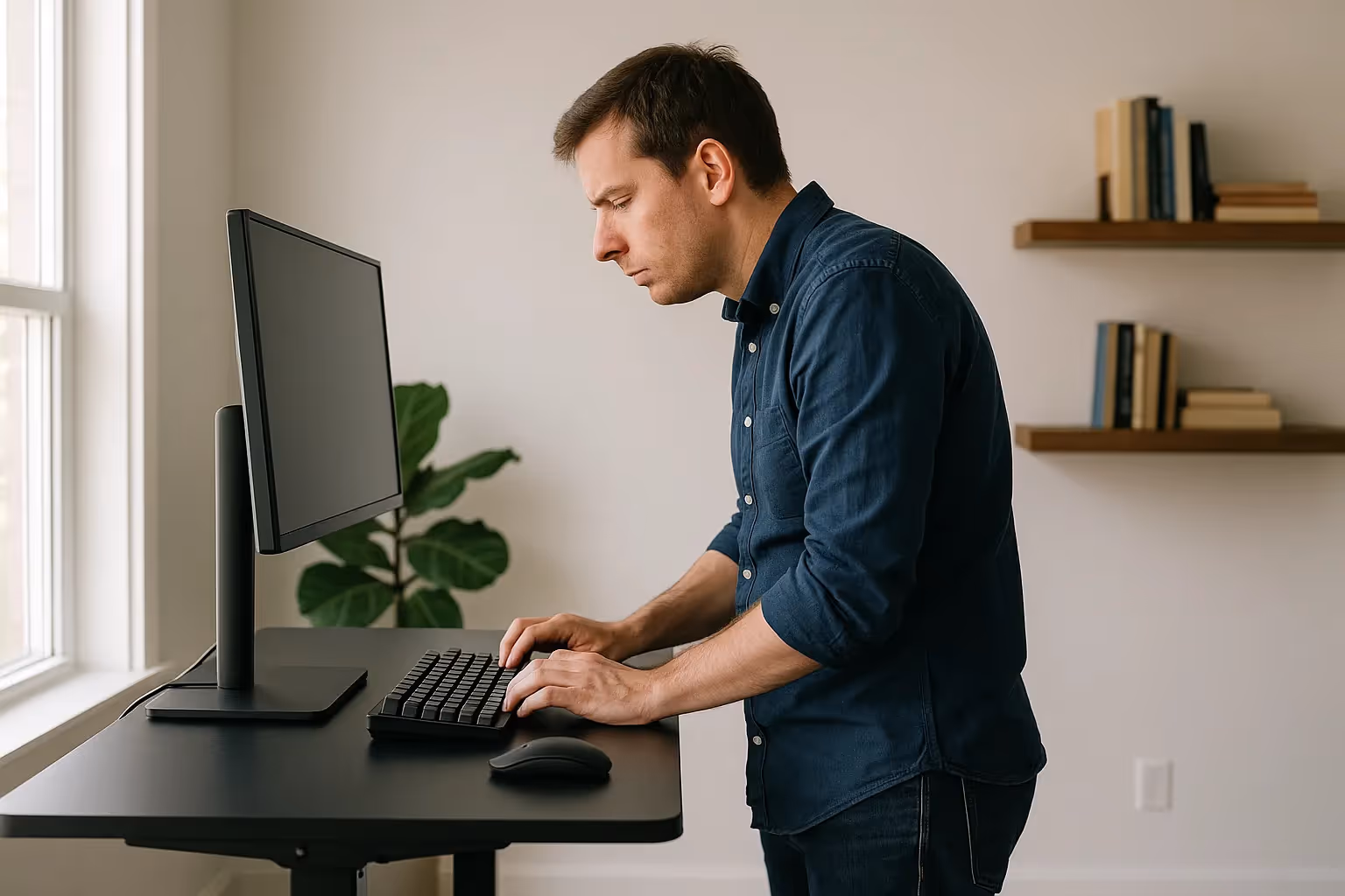 Man with poor posture standing at a desk with a low monitor.