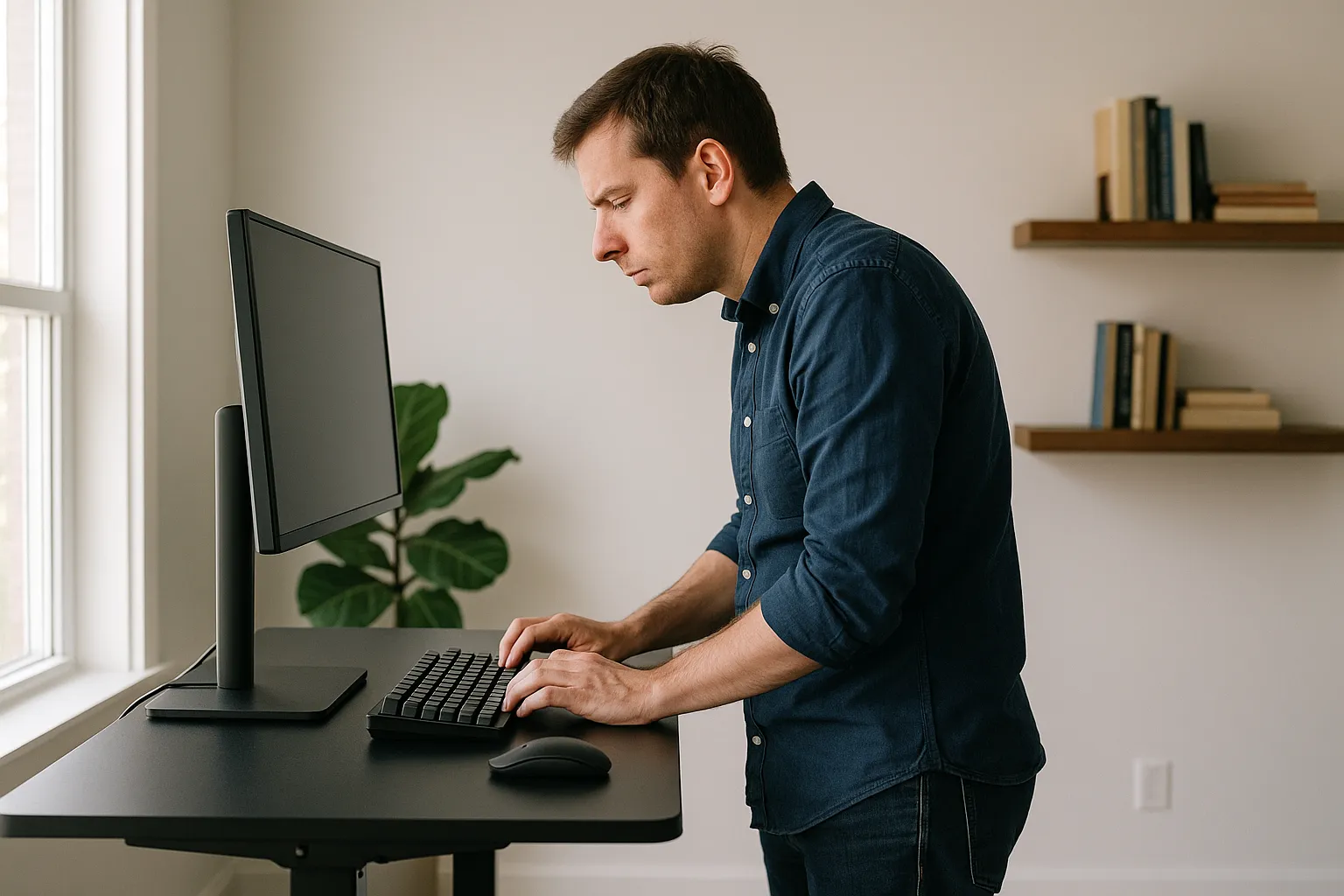Man with poor posture standing at a desk with a low monitor.